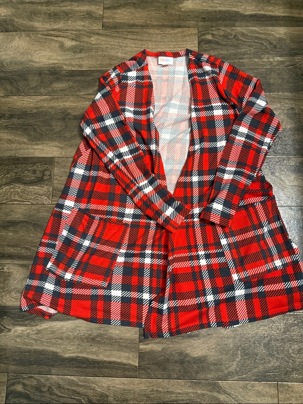 LuLaRoe Red Black White Plaid Open-Front Coatigan